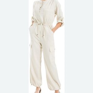 MAX STUDIO Women's L/S Woven Linen Cargo Fashion Jumpsuit US XS, Natural Cream